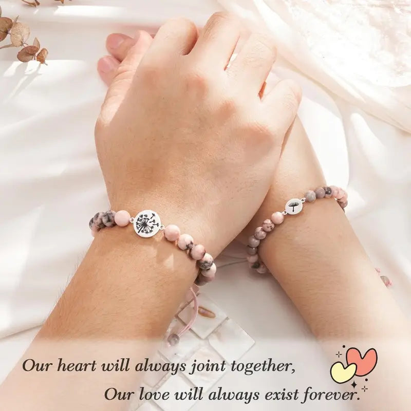 2pc Adjustable Natural Stone Mother Daughter Dandelion Bracelet Set