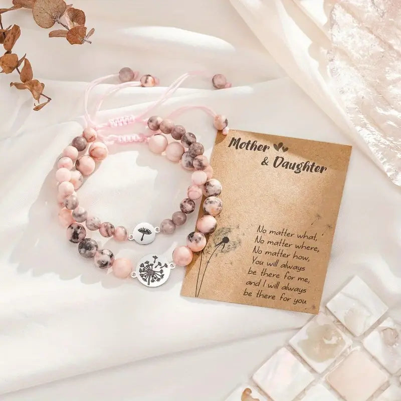2pc Adjustable Natural Stone Mother Daughter Dandelion Bracelet Set